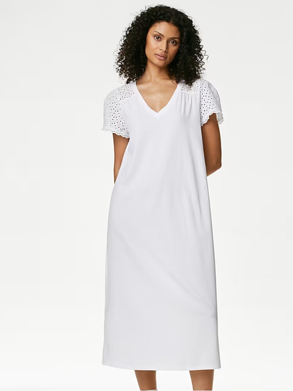 White Eyelet Sleeve V-Neck Midi Dress / nightgown / nightie M&S nwt